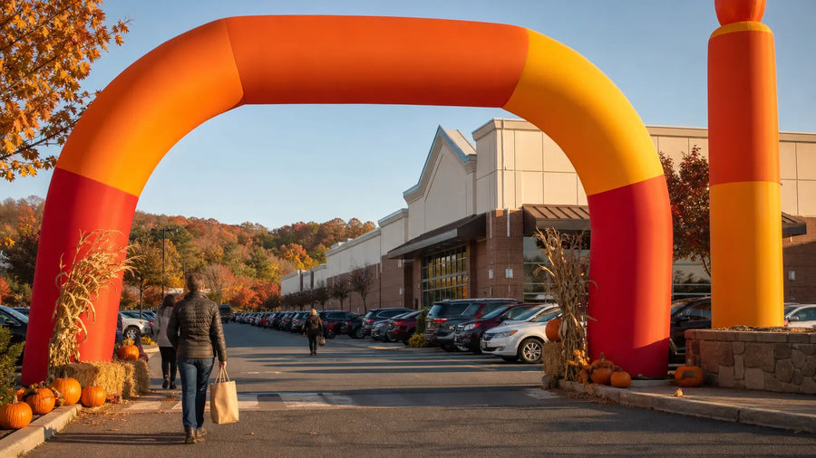 Inflatable advertising arch and column at a retail store entrance during an autumn seasonal promotion