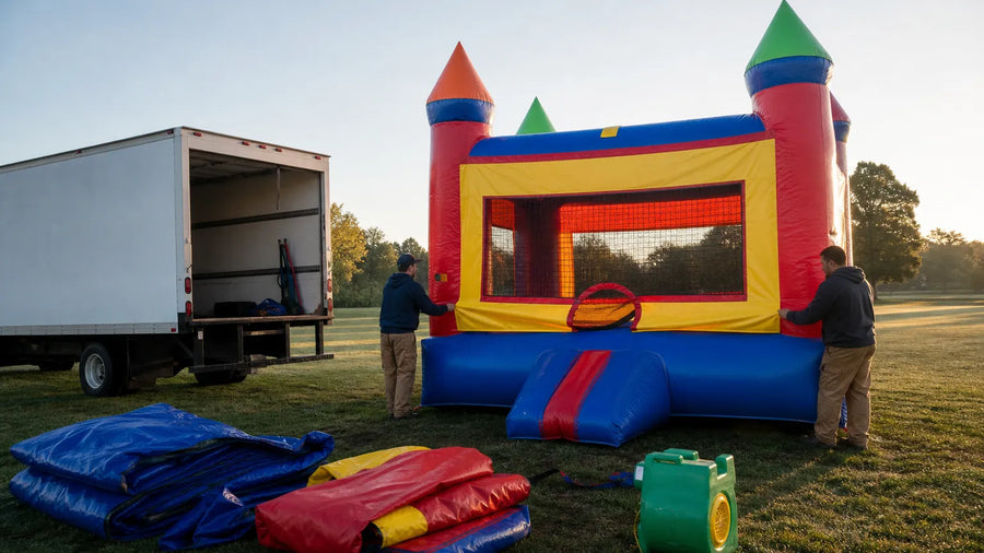 Two operators setting up a commercial bounce house beside a box truck at an early morning delivery