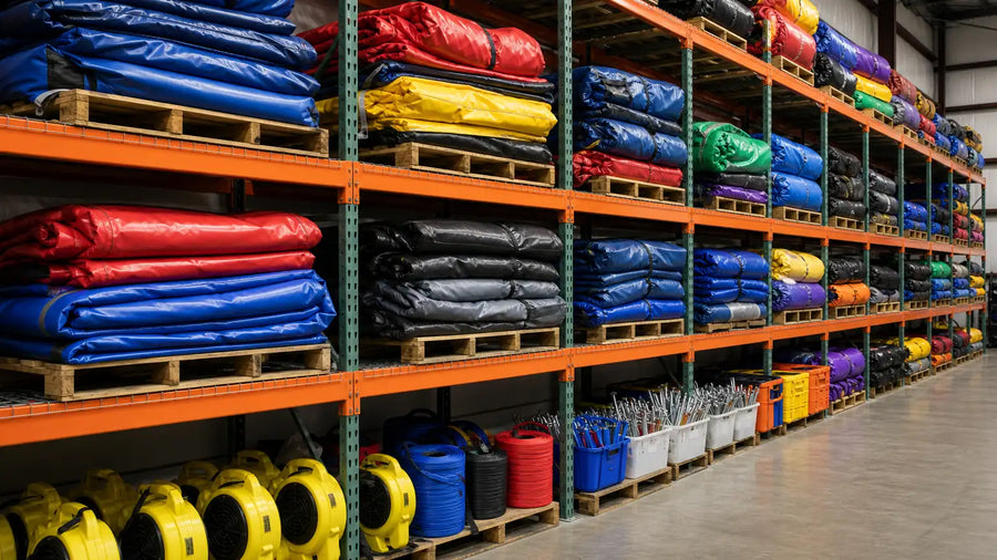 Folded commercial inflatables stored on pallet racking above blowers and anchor stakes in a warehouse