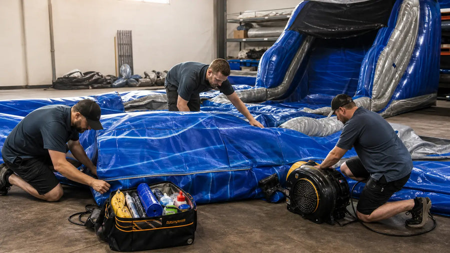 Rental company maintenance crew inspecting a commercial water slide and blower before the season