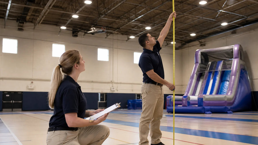 Event technicians measuring ceiling clearance in a gymnasium for a commercial dry slide setup
