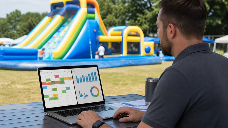Rental company owner reviewing booking calendar and revenue charts with a commercial water combo unit in the background