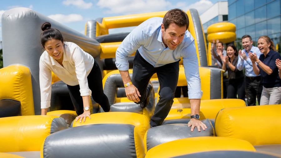 Corporate employees competing on a commercial inflatable obstacle course during a team-building event
