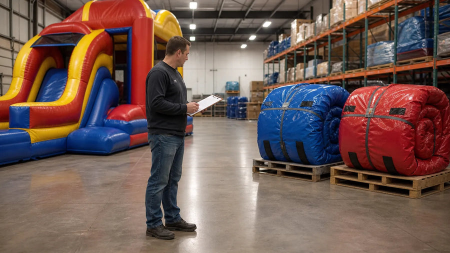 Rental company owner comparing a multi-activity combo unit against two separate folded inflatable units in a storage warehouse