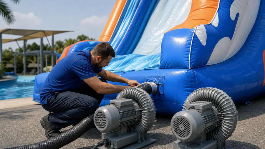 Technician connecting two heavy-duty commercial blowers to a large inflatable water slide