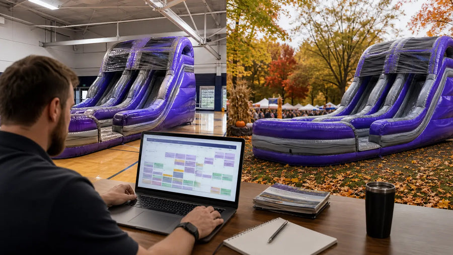 Split scene of a commercial dry slide set up indoors in a gym and outdoors at a fall festival, with a booking calendar on a laptop