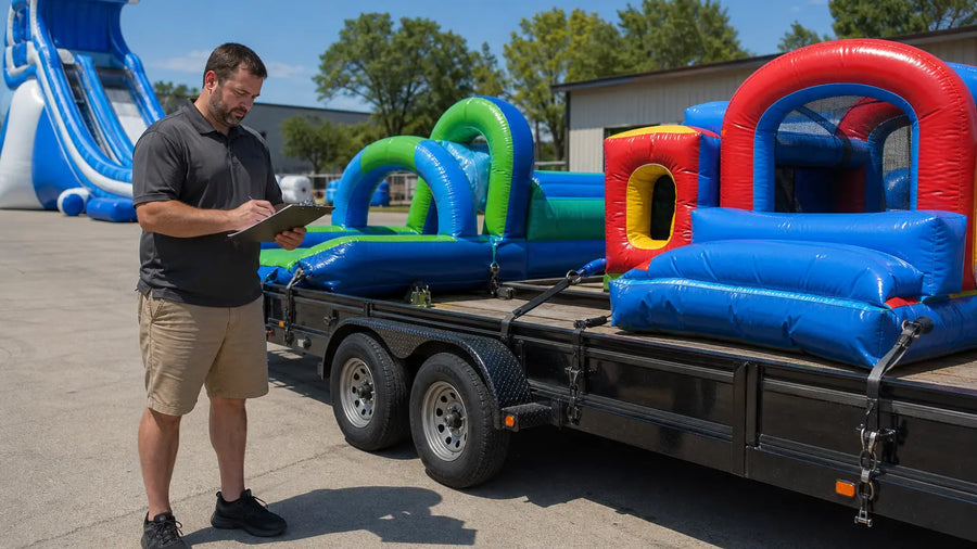 Rental company owner reviewing inventory next to several small commercial water games loaded on a trailer with a large water slide in the background