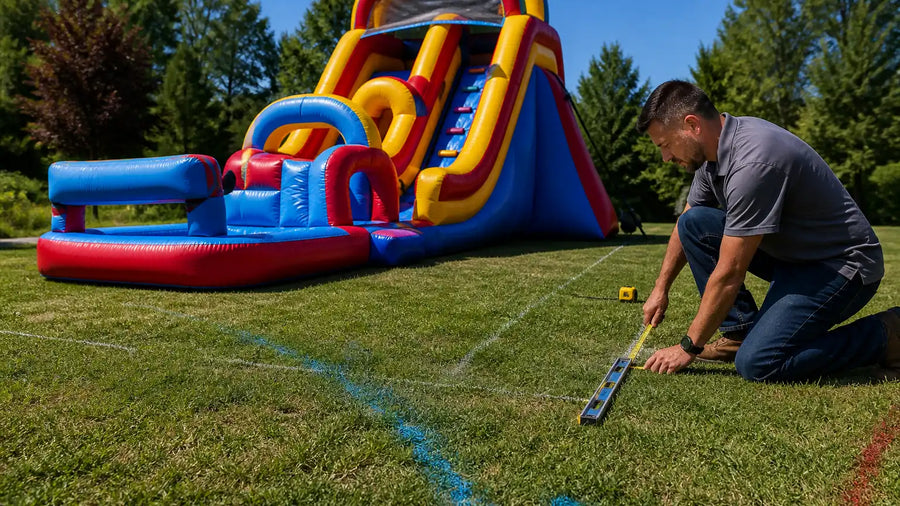 Event planner measuring ground slope and drainage next to a multi-zone commercial water combo with slide and splash pool