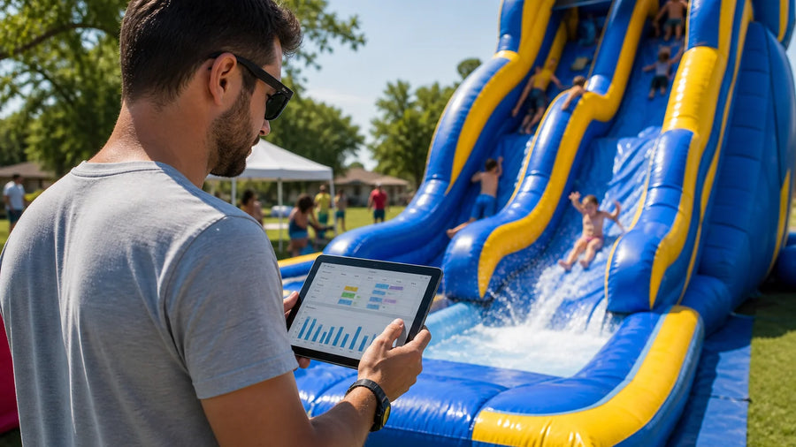 Rental company owner reviewing a bookings and revenue chart on a tablet next to a commercial water slide in use at a summer event