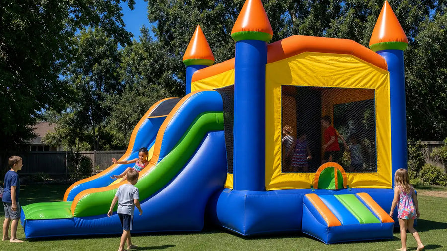 Kids playing on a commercial bounce house combo with an attached slide in a backyard