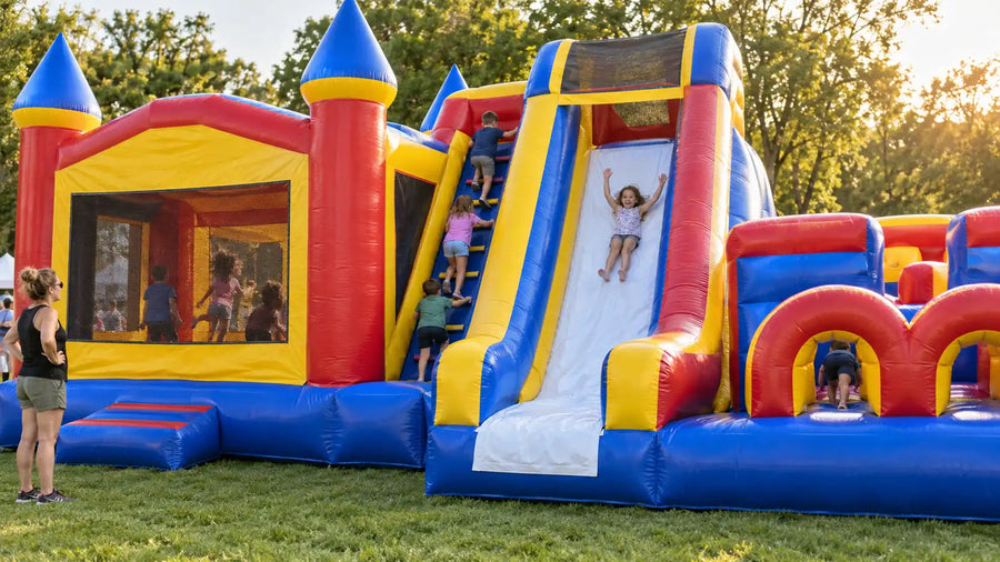 A dry inflatable combo unit with bounce chamber, climb ladder and slide at an outdoor event, with an attendant supervising from the corner